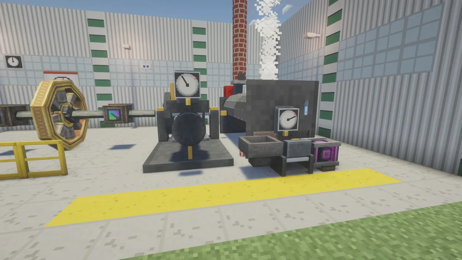 Boiler house: the boiler with a pressure gauge and stoker in front, the steam engine with a flywheel at the side, the chimney behind