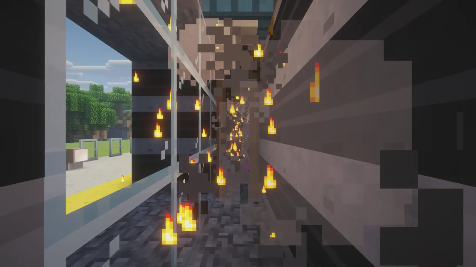 Flame front running through a mine heading behind glass
