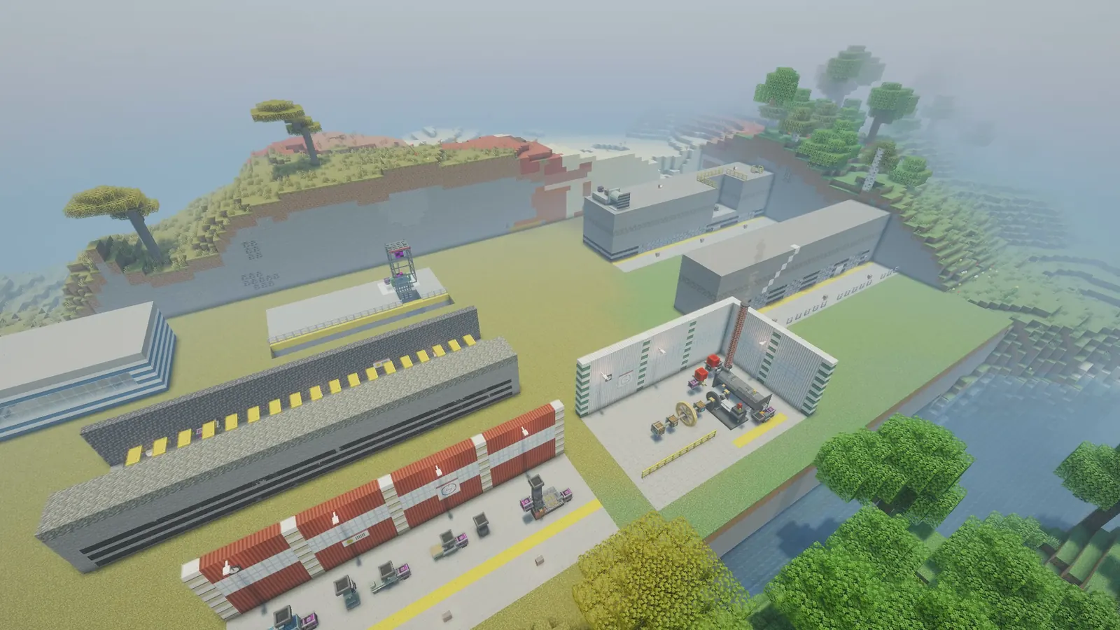A test plant in Minecraft from above: boiler house, mine fan, hoist headframe and longwall gallery